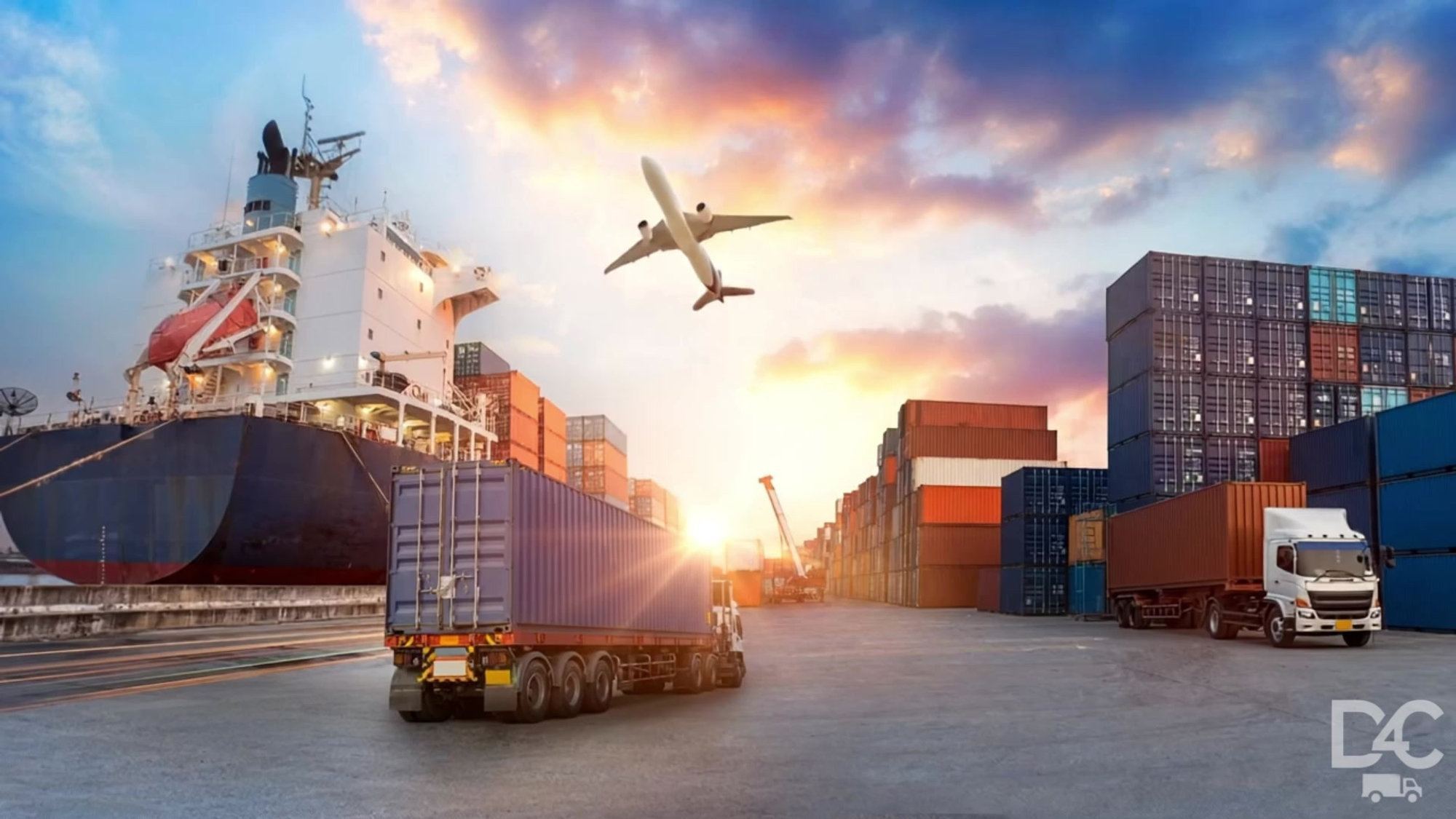 Shipping containers stacked at a port with a truck and a plane overhead at sunrise